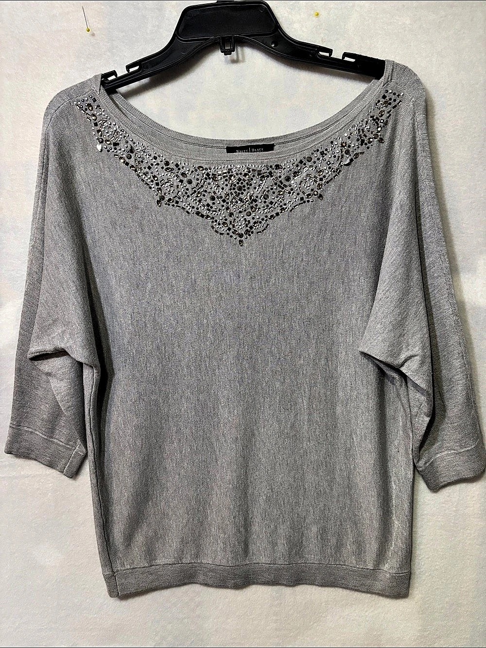 White House Black Market Rhinestone Embellished Scoop Neck Sweater Gray Medium